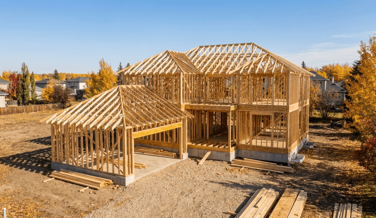 Newly completed custom home exterior in Edmonton Alberta at golden hour