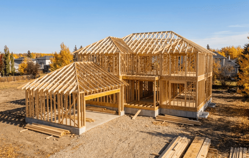 Newly completed custom home exterior in Edmonton Alberta at golden hour