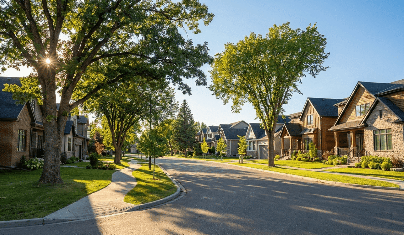 Residential street with newer custom homes in Sherwood Park Alberta