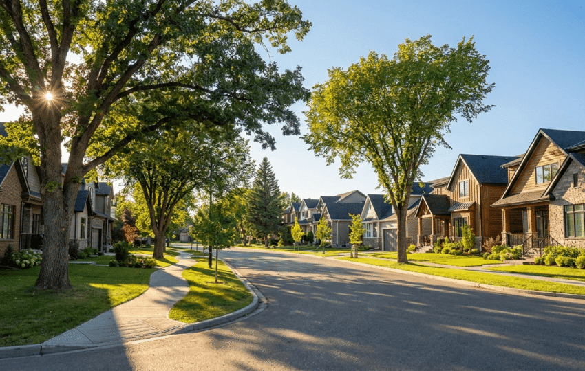 Residential street with newer custom homes in Sherwood Park Alberta