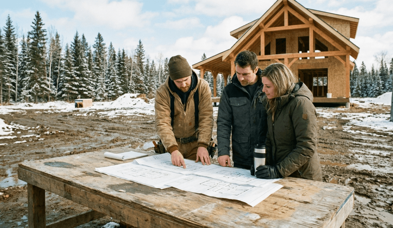 Builder reviewing floor plans with homeowners on a construction site