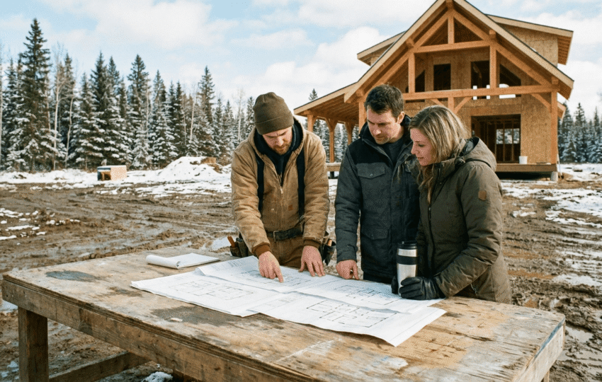 Builder reviewing floor plans with homeowners on a construction site
