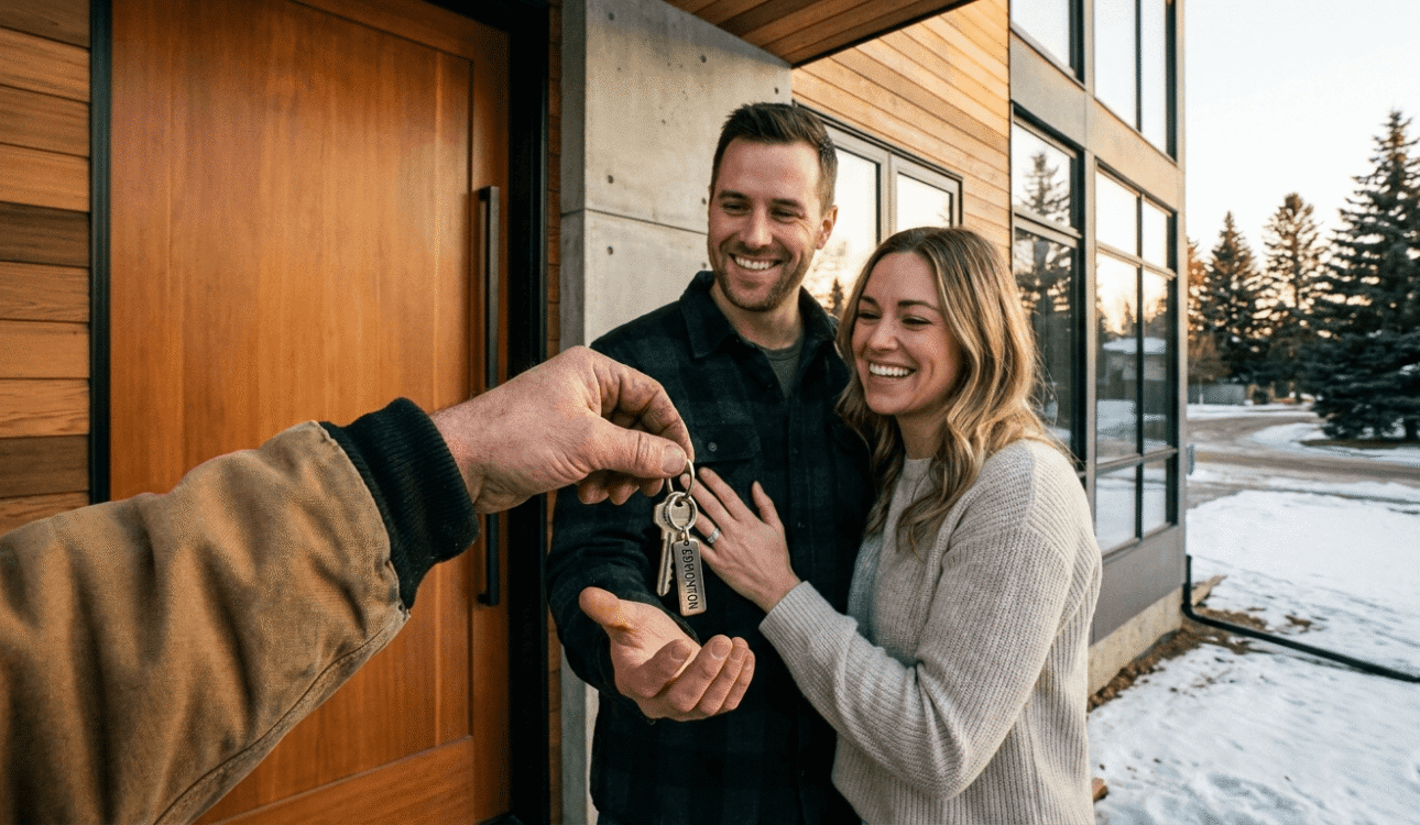 Builder handing over house keys to couple at front door of new custom home