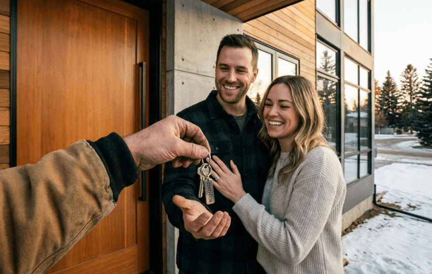 Builder handing over house keys to couple at front door of new custom home