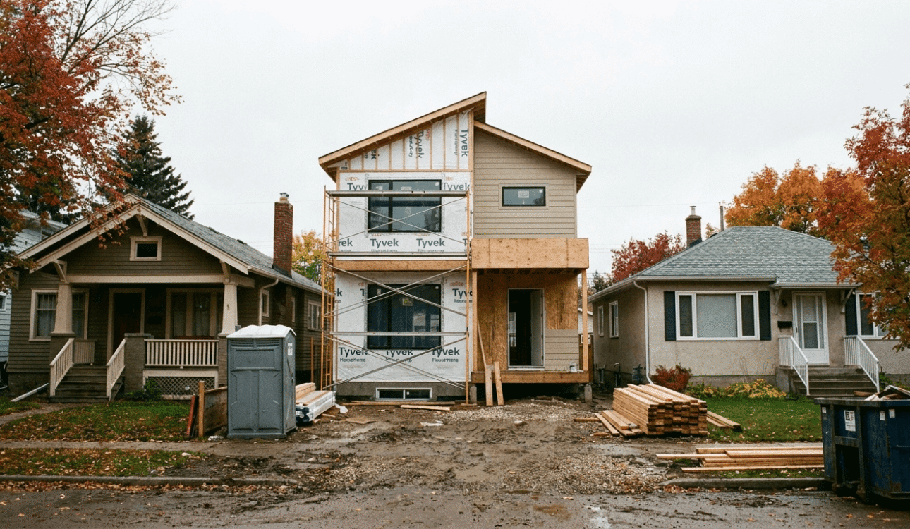 New infill home under construction on a narrow lot in an established Edmonton neighbourhood