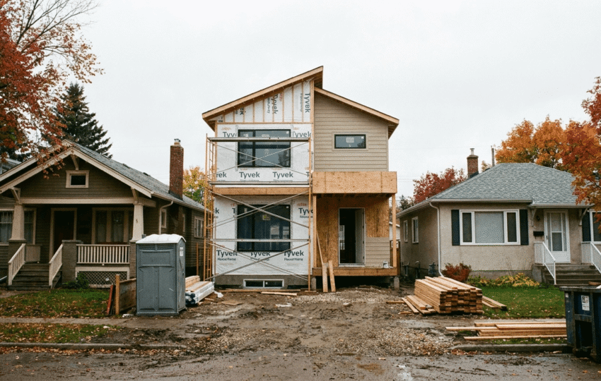 New infill home under construction on a narrow lot in an established Edmonton neighbourhood