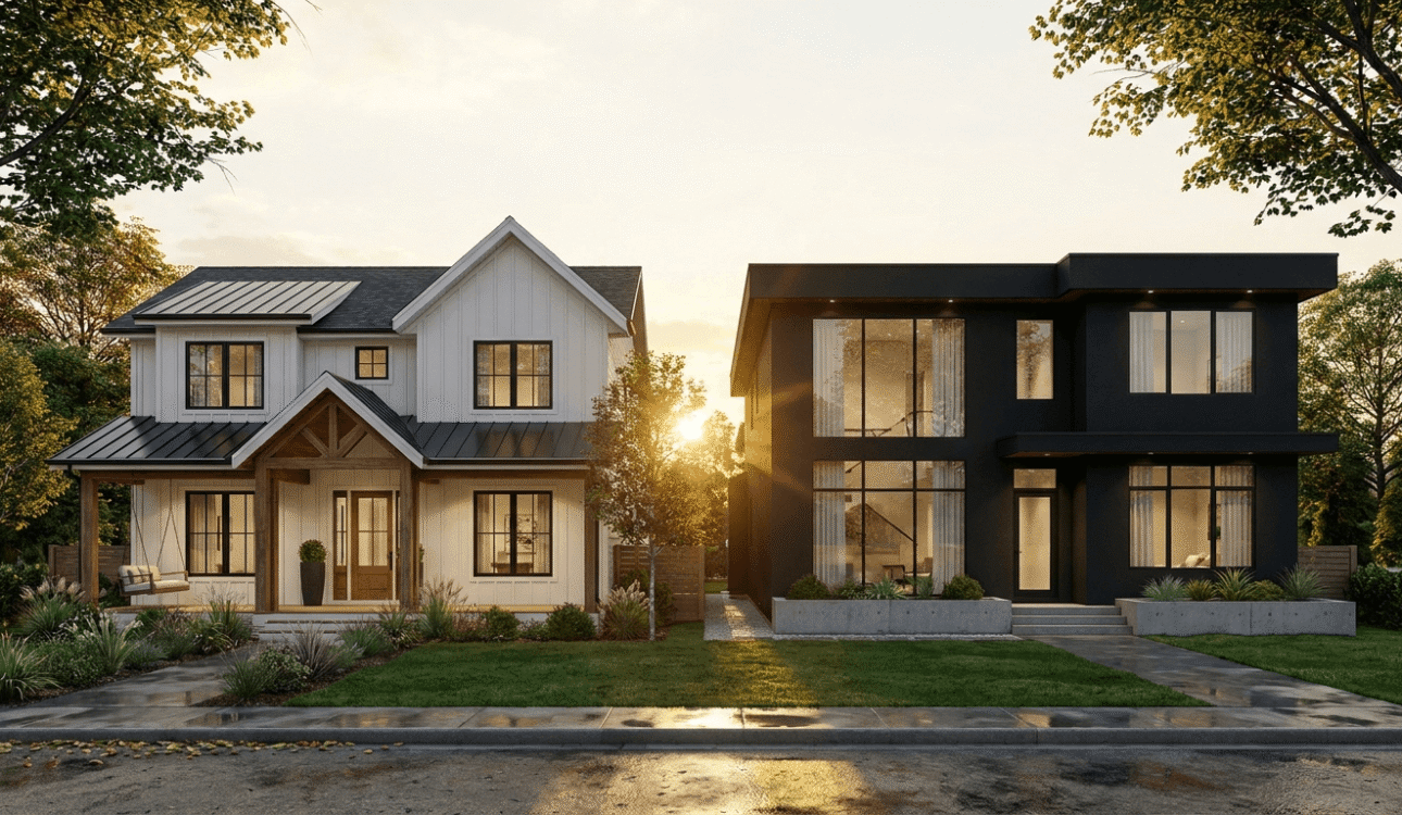 Side by side comparison of modern farmhouse and contemporary custom homes in Edmonton