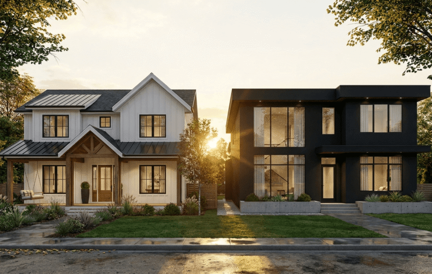 Side by side comparison of modern farmhouse and contemporary custom homes in Edmonton