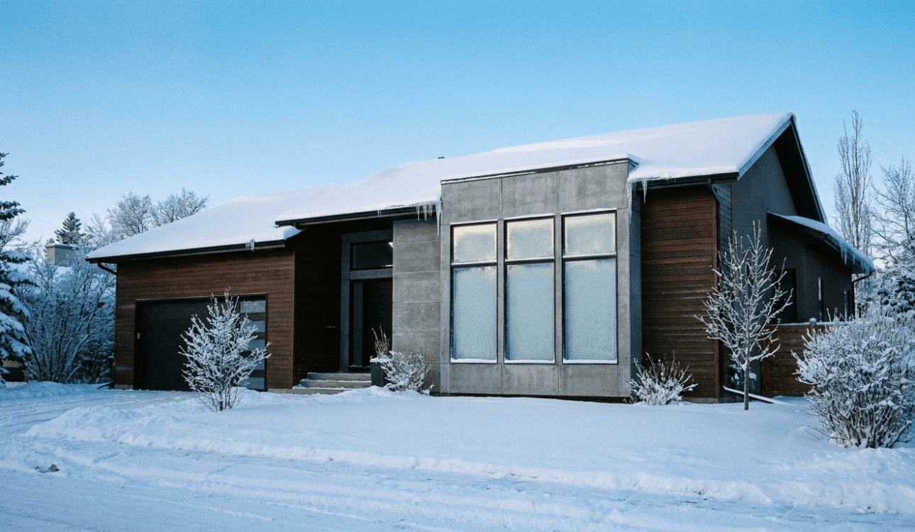 Custom home exterior in Edmonton Alberta during winter with snow on the roof