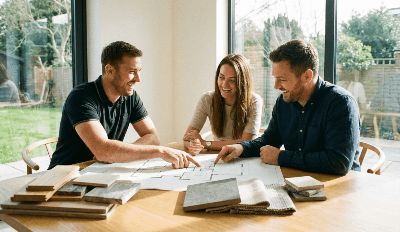 Homeowners and builder reviewing floor plans and material samples at a bright modern table