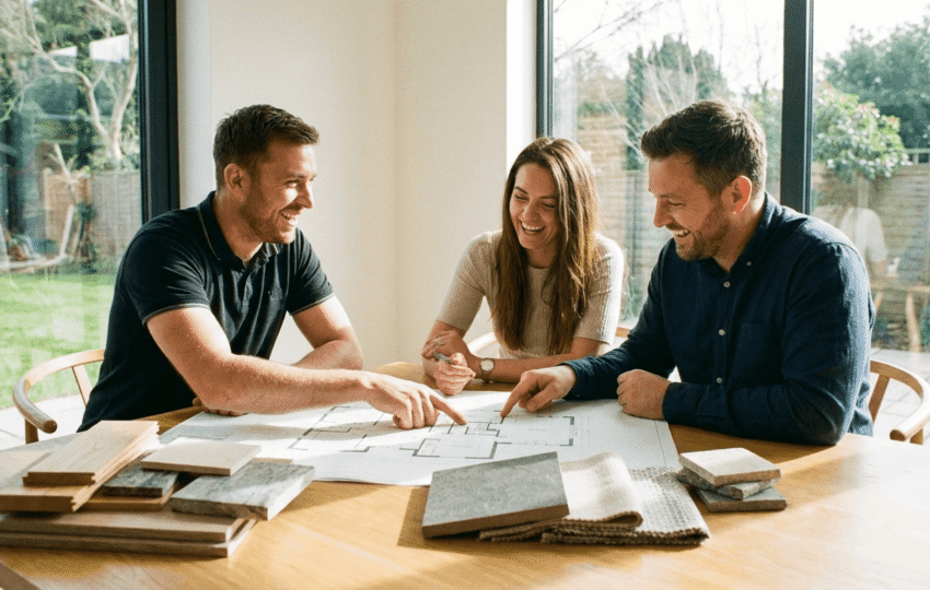 Homeowners and builder reviewing floor plans and material samples at a bright modern table