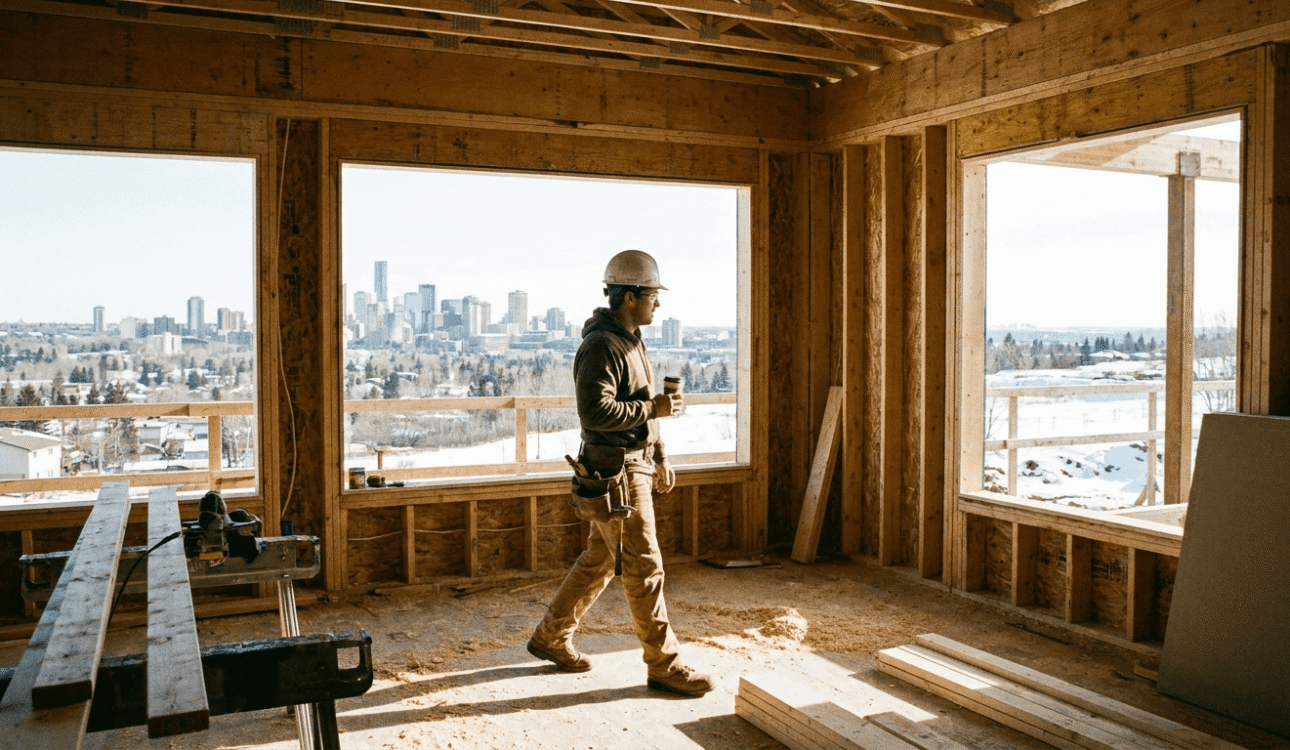 Custom home builder walking through a high quality home under construction in Edmonton