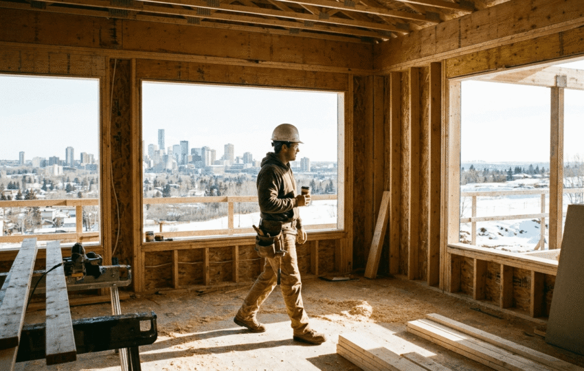 Custom home builder walking through a high quality home under construction in Edmonton