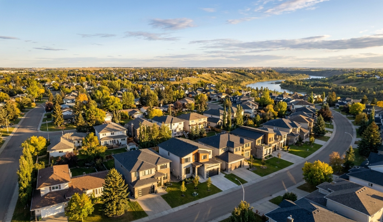 Aerial view of a residential neighbourhood in Edmonton Alberta with custom homes and mature trees