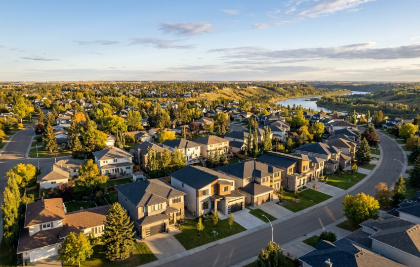 Aerial view of a residential neighbourhood in Edmonton Alberta with custom homes and mature trees